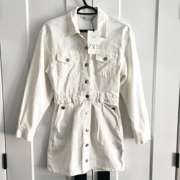 Zara, White, Denim, Dress, Size XS, Snap Up, Long Sleeve, New With Tags - Picture 1 of 16